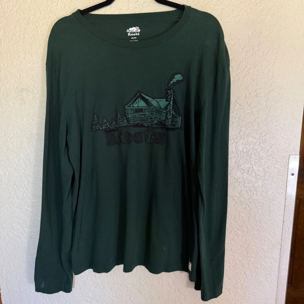 Roots Canada Men Forest Green Long Sleeve Cabin‎ Graphic T Shirt Size M